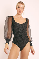 Black Ruched Metallic Puff Sleeve Bodysuit - Elvie