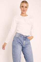 White Mesh Ruffle Front Long Sleeve Top - Kristen
