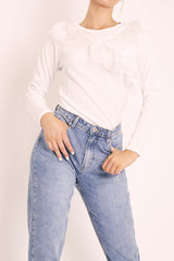 White Mesh Ruffle Front Long Sleeve Top - Kristen