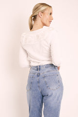 White Mesh Ruffle Front Long Sleeve Top - Kristen