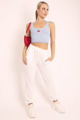 Blue Ribbed Vest Crop Top with Cherry Detail - Cadie