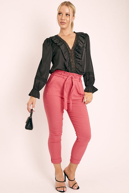 Pink Tie Belt Paperbag Waist Trousers - Jaylea