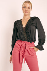 Black Plunge Lace Neckline Blouse - Harleigh