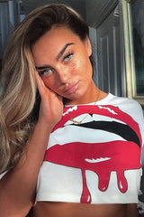 White Lips Print Crop T-Shirt - Diana