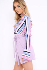 Lilac Striped Plunge Twist Front Crop Top - Gracelee