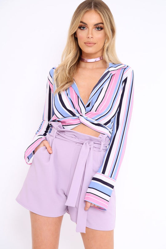Lilac Striped Plunge Twist Front Crop Top - Gracelee
