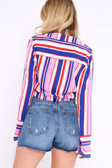 Pink Striped Plunge Twist Front Crop Top - Gracelee