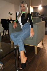 White Black and Neon Green Contrast Long Sleeved Bodysuit - Lareen