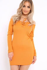 Mustard Ribbed Lace Up Front Mini Dress - Gracey