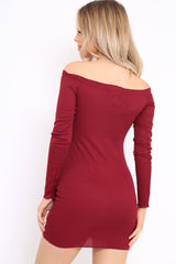 Wine Ribbed Lace Up Front Mini Dress - Gracey