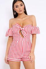 Red and White Striped Bardot Playsuit - Gracy