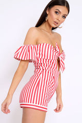 Red and White Striped Bardot Playsuit - Gracy
