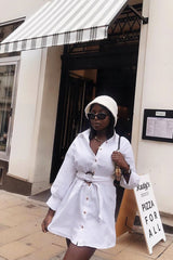 White Resin Belt Gathered Sleeve Shirt Dress - Tawny