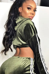 Khaki And White Stripe Velour Cropped Tracksuit - Deymi
