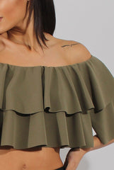 Khaki Bardot Frill Crop Top - Flissy