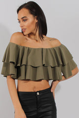 Khaki Bardot Frill Crop Top - Flissy