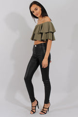 Khaki Bardot Frill Crop Top - Flissy