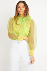 Neon Yellow Mesh Balloon Sleeve Blouse - Elvina