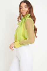 Neon Yellow Mesh Balloon Sleeve Blouse - Elvina