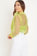 Neon Yellow Mesh Balloon Sleeve Blouse - Elvina