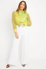 Neon Yellow Mesh Balloon Sleeve Blouse - Elvina