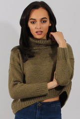 Khaki Rollneck Knitted Cropped Jumper - Regean