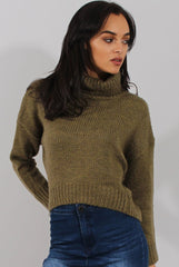 Khaki Rollneck Knitted Cropped Jumper - Regean