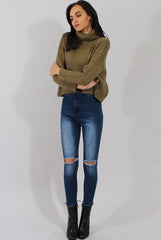 Khaki Rollneck Knitted Cropped Jumper - Regean