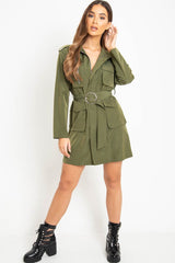 Khaki Utility Belted Zip Front Shirt Dress - Meliyah