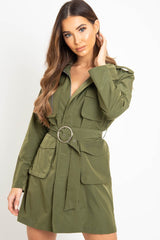 Khaki Utility Belted Zip Front Shirt Dress - Meliyah