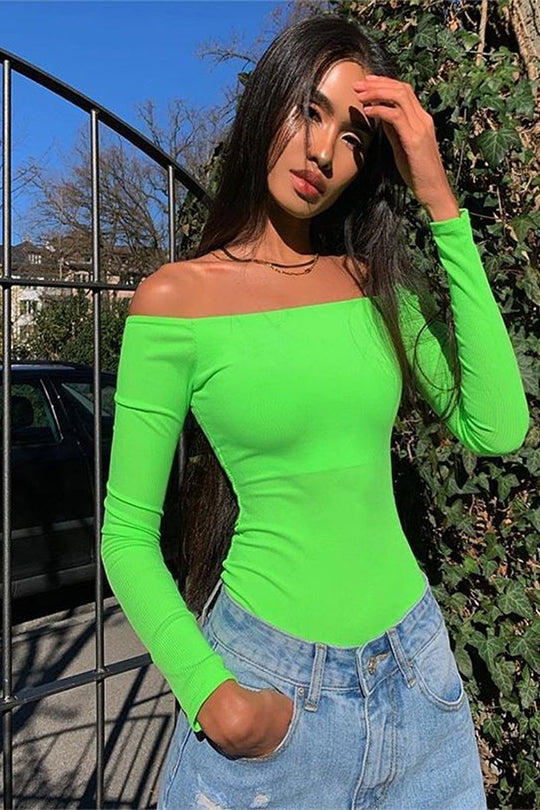 Neon Green Ribbed Square Neck Bodysuit - Alysha