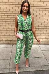 Neon Green Snake Wide Leg Belted Jumpsuit - Sonny
