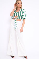 Green Striped Cut Out Tie Front Crop Top - Evelia