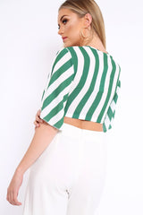 Green Striped Cut Out Tie Front Crop Top - Evelia