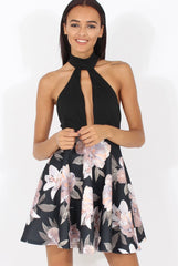 Black Choker Plunge Floral Skater Dress - Gretchen