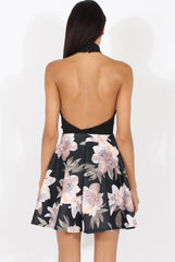 Black Choker Plunge Floral Skater Dress - Gretchen