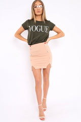 Nude Bodycon Button Down Split Front Mini Skirt - Gretel