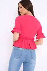 Fuchsia Peplum Frill Detail Top with Frill Sleeves - Gretta