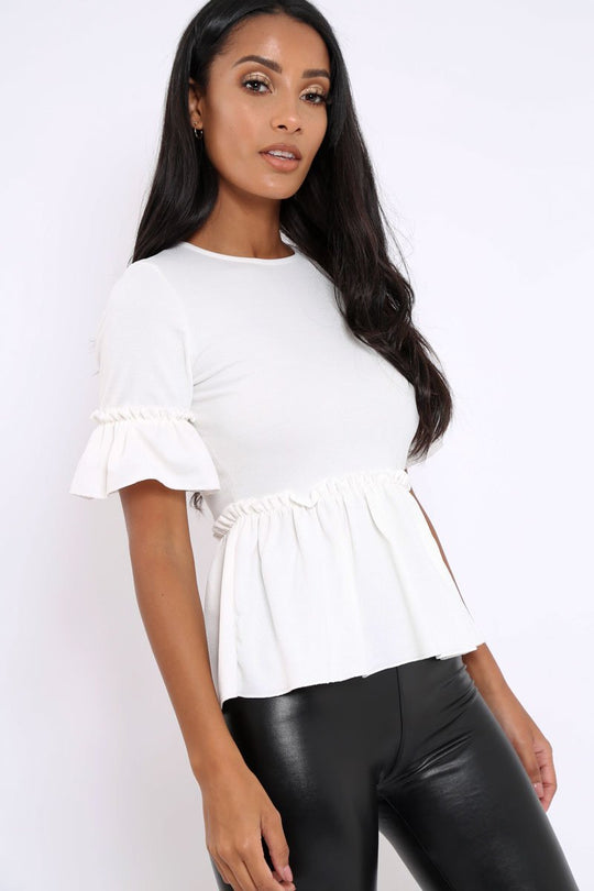 White Peplum Frill Detail Top with Frill Sleeves - Gretta