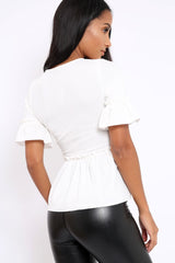 White Peplum Frill Detail Top with Frill Sleeves - Gretta