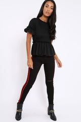 Black Peplum Frill Detail Top with Frill Sleeves - Gretta