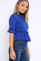 Royal Blue Peplum Frill Detail Top with Frill Sleeves - Gretta
