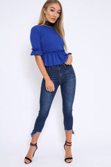 Royal Blue Peplum Frill Detail Top with Frill Sleeves - Gretta