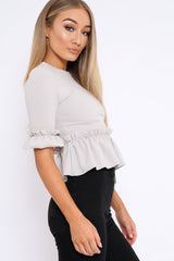 Grey Peplum Frill Detail Top with Frill Sleeves - Gretta