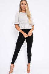 Grey Peplum Frill Detail Top with Frill Sleeves - Gretta