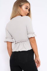 Grey Peplum Frill Detail Top with Frill Sleeves - Gretta
