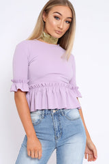 Lilac Peplum Frill Detail Top with Frill Sleeves - Gretta