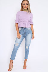 Lilac Peplum Frill Detail Top with Frill Sleeves - Gretta