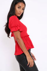 Red Peplum Frill Detail Top with Frill Sleeves - Gretta