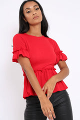 Red Peplum Frill Detail Top with Frill Sleeves - Gretta